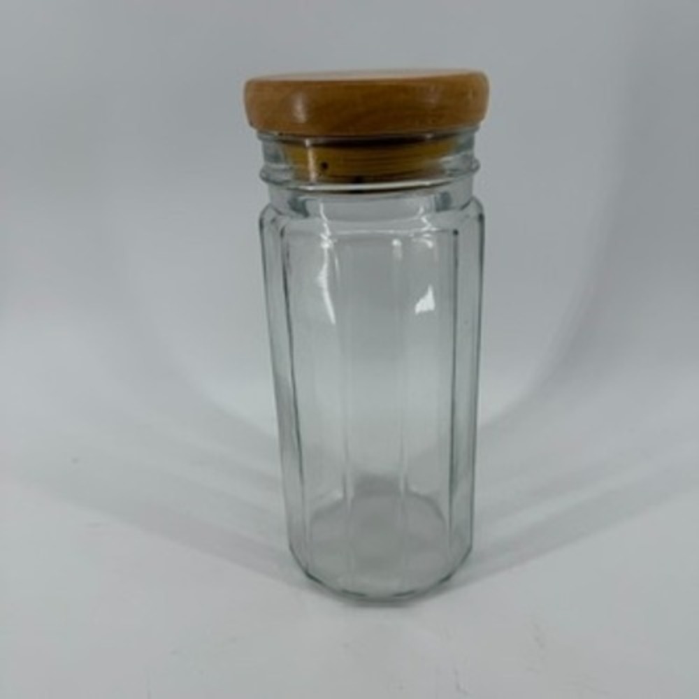 Vintage Octagonal Clear Glass Canister with Natural Wood Lid 9.5 Inch